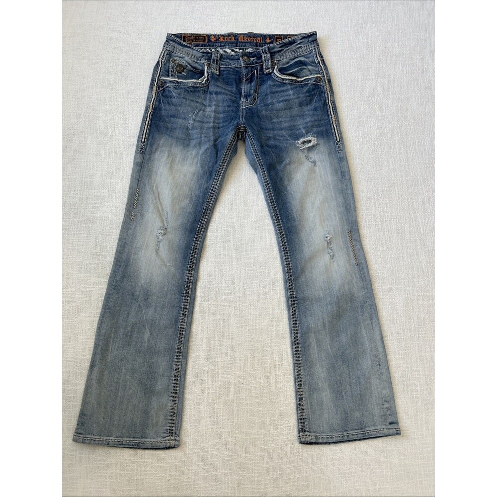 Rock Revival Men’s Ocean Boot Size 32x32 Jeans Distressed Fade Wash Stretch